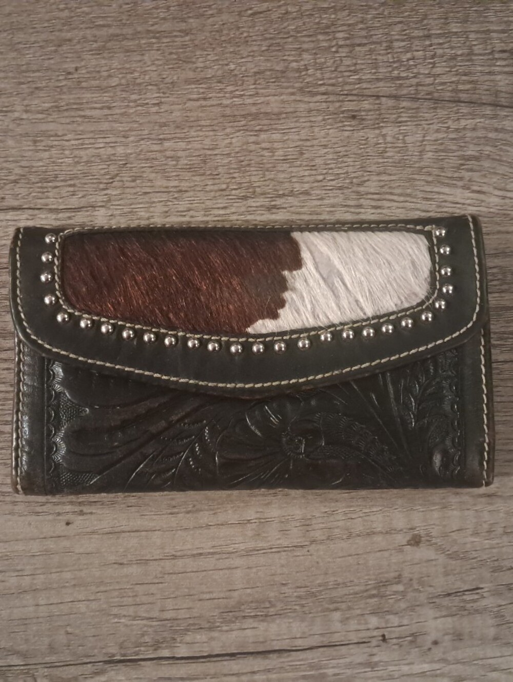 American West Leather & Hair-On Hide Trifold Wallet in Black and Brown